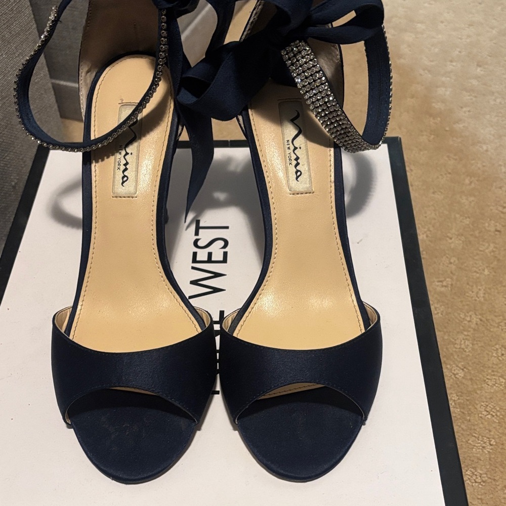 Nina Women's Dark Blue Satin Heels with Rhinestone Detail